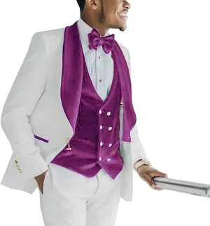 Men's 3 Piece Slim Fit Suits Jacquard Blazer Jacket Shawl Lapel Velvet Vest Classic White Pant Wedding Men Suit