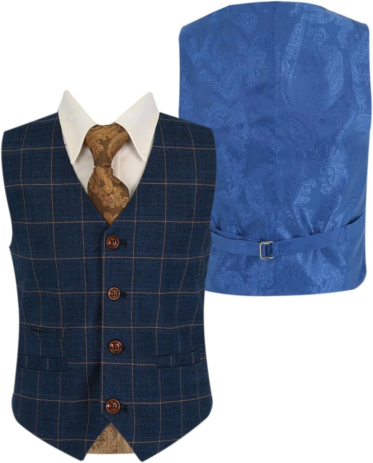 Mens Boys Windowpane Check Tailored Fit Navy Blue Suit Pageboy Formal Business Wedding 3 Piece Set