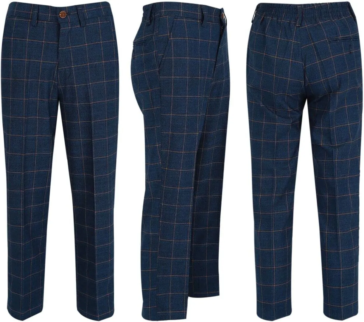 Mens Boys Windowpane Check Tailored Fit Navy Blue Suit Pageboy Formal Business Wedding 3 Piece Set