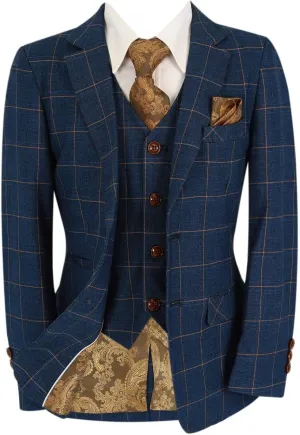 Mens Boys Windowpane Check Tailored Fit Navy Blue Suit Pageboy Formal Business Wedding 3 Piece Set