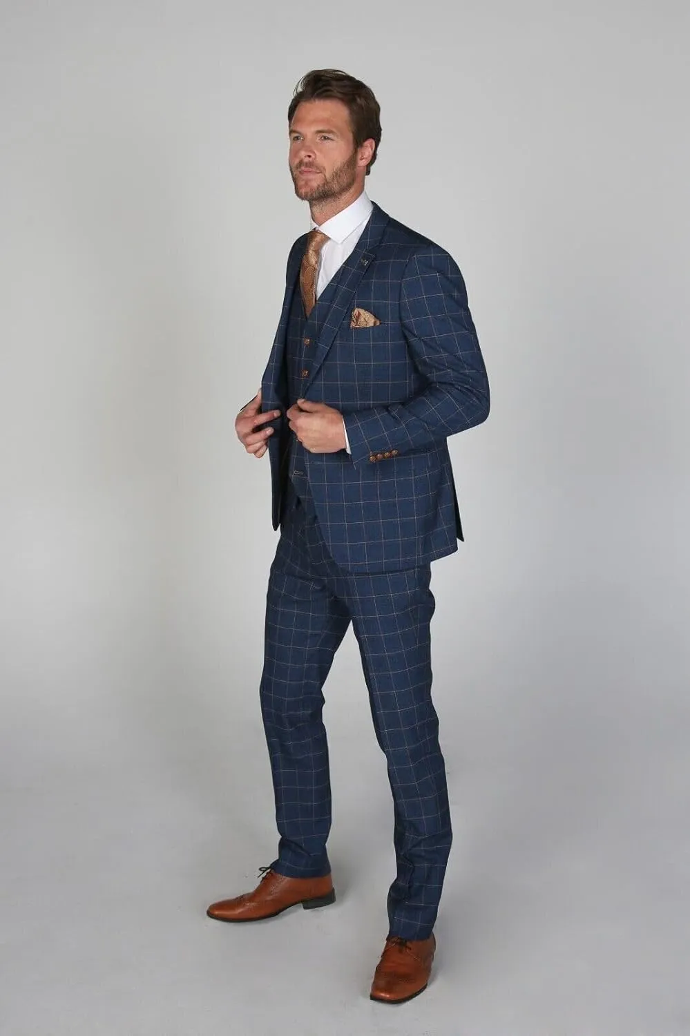 Mens Boys Windowpane Check Tailored Fit Navy Blue Suit Pageboy Formal Business Wedding 3 Piece Set