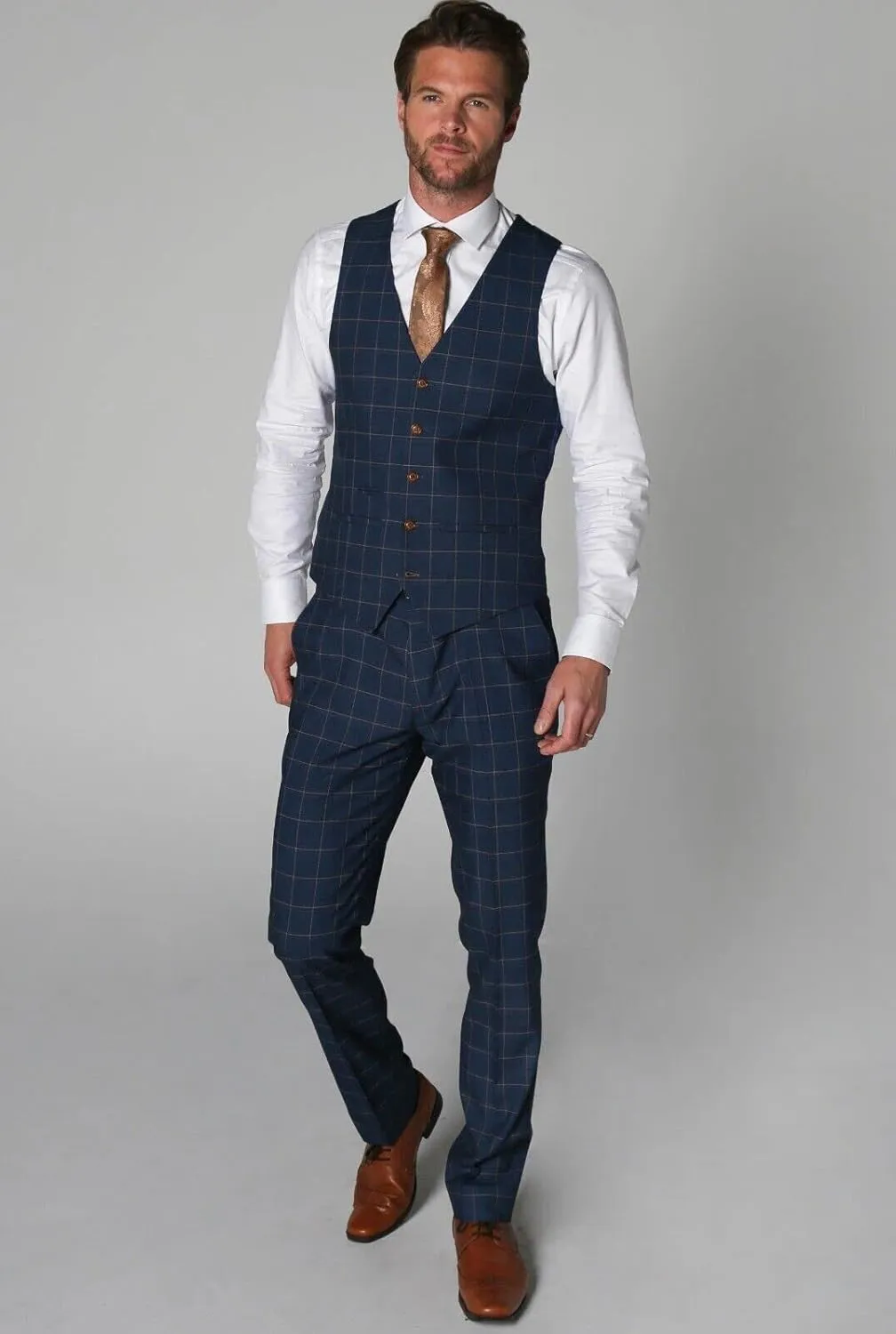 Mens Boys Windowpane Check Tailored Fit Navy Blue Suit Pageboy Formal Business Wedding 3 Piece Set