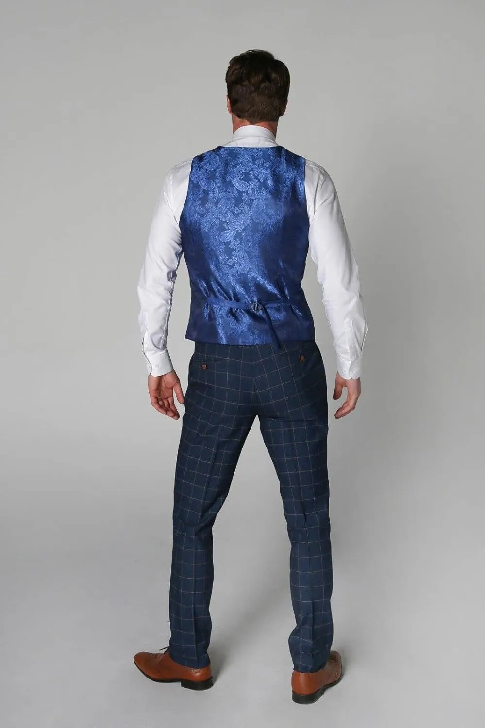Mens Boys Windowpane Check Tailored Fit Navy Blue Suit Pageboy Formal Business Wedding 3 Piece Set