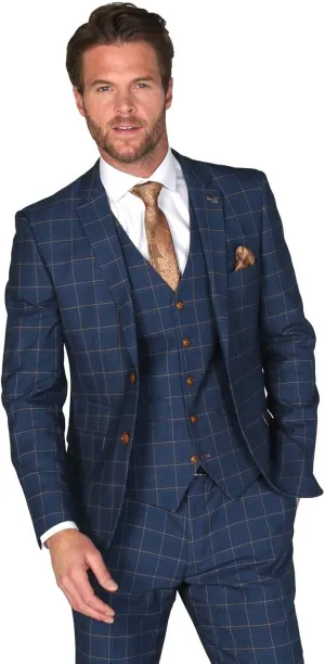 Mens Boys Windowpane Check Tailored Fit Navy Blue Suit Pageboy Formal Business Wedding 3 Piece Set