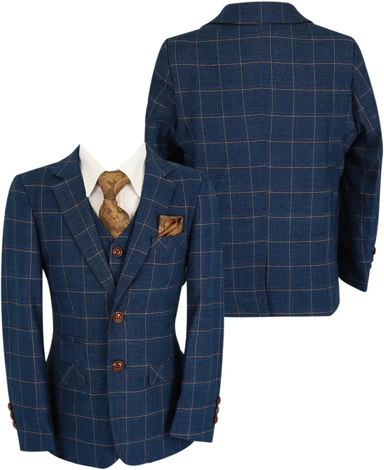Mens Boys Windowpane Check Tailored Fit Navy Blue Suit Pageboy Formal Business Wedding 3 Piece Set