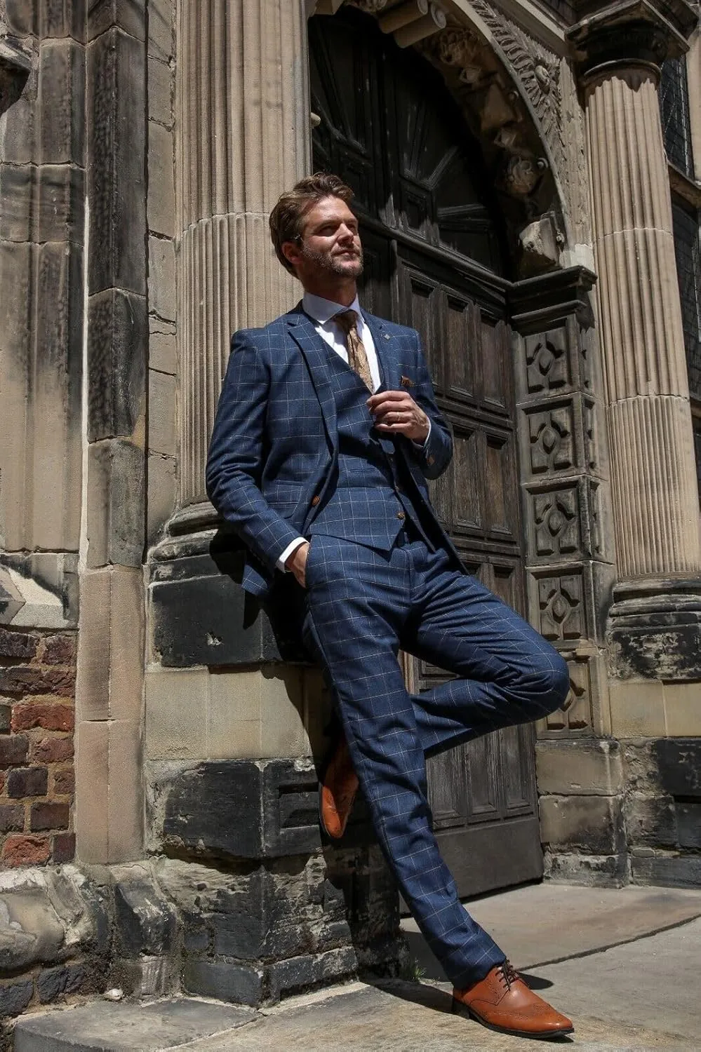 Mens Boys Windowpane Check Tailored Fit Navy Blue Suit Pageboy Formal Business Wedding 3 Piece Set
