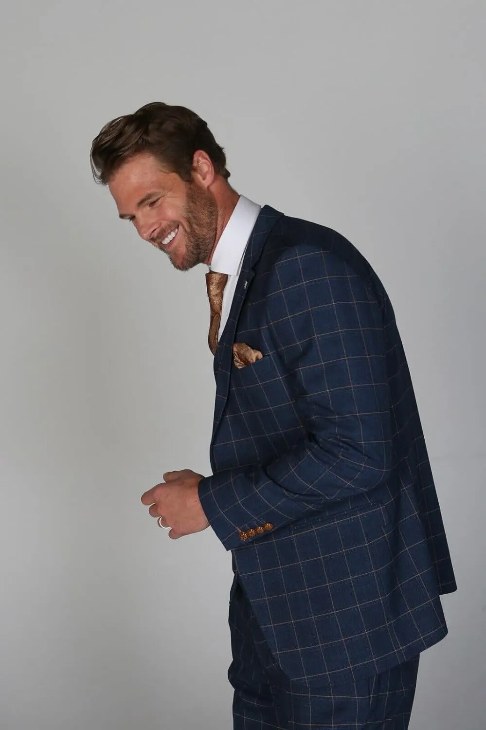 Mens Boys Windowpane Check Tailored Fit Navy Blue Suit Pageboy Formal Business Wedding 3 Piece Set