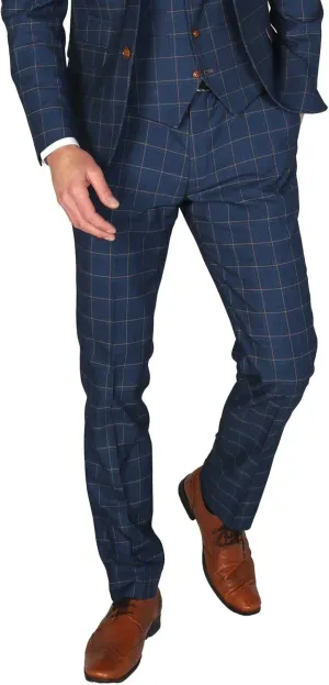 Mens Boys Windowpane Check Tailored Fit Navy Blue Suit Pageboy Formal Business Wedding 3 Piece Set