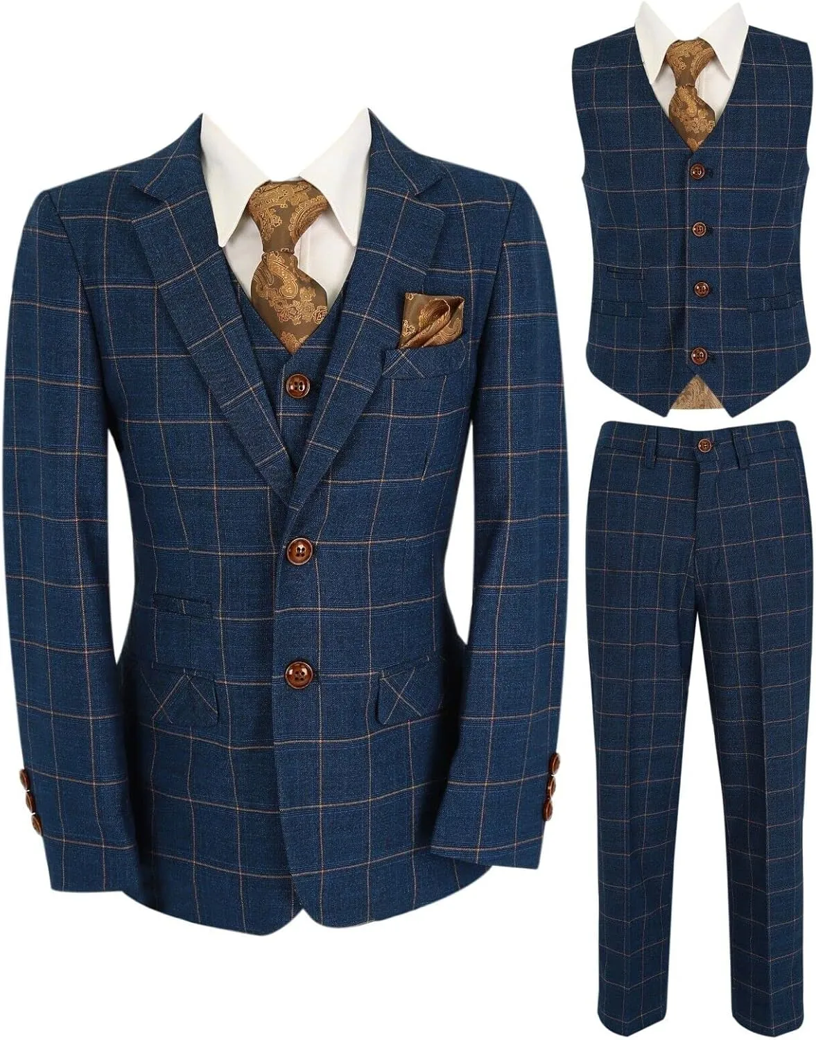 Mens Boys Windowpane Check Tailored Fit Navy Blue Suit Pageboy Formal Business Wedding 3 Piece Set