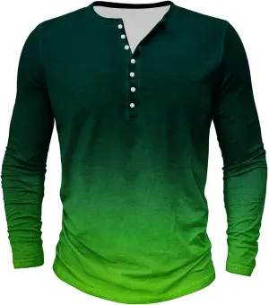 Mens Gradient Henley Shirts Vintage Long Sleeve Tees Casual Button Down V Neck T Shirt for Men Slim Fit Muscle Tops