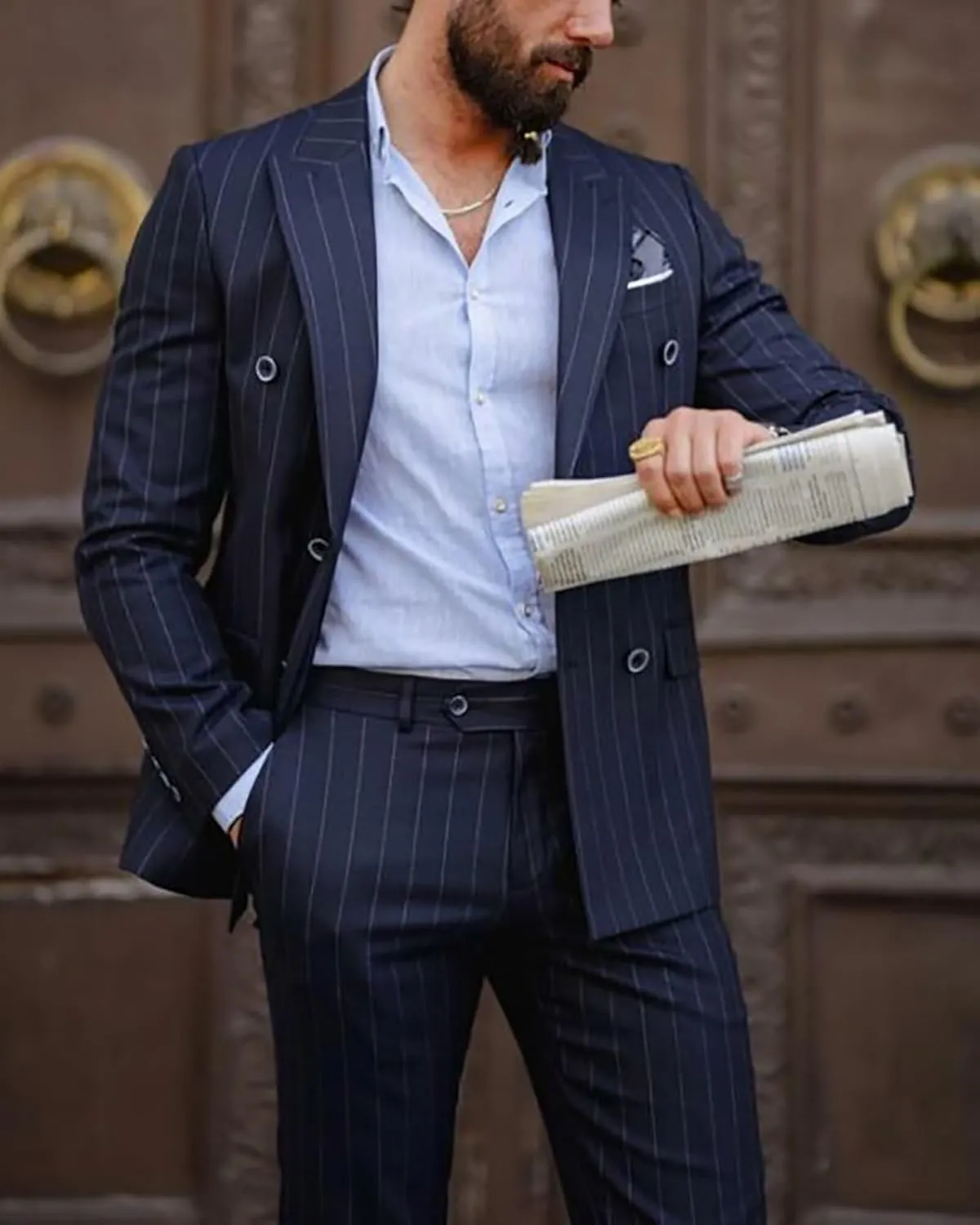 Mens Pinstripe Suit 2 Piece Double Breasted Suit Slim Fit Suits Wedingg Prom Party Suit Set Casual Business Suit