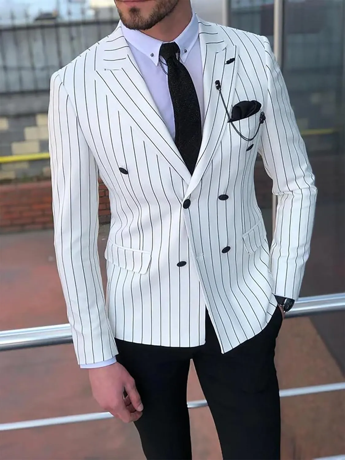 Mens Pinstripe Suit 2 Piece Double Breasted Suit Slim Fit Suits Wedingg Prom Party Suit Set Casual Business Suit