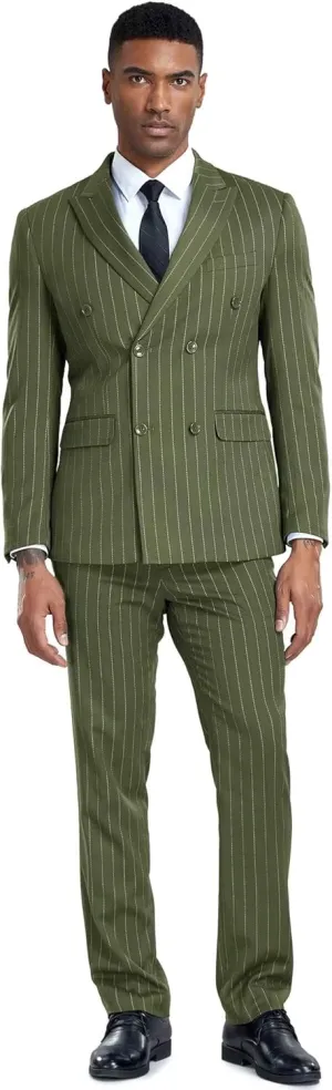 Mens Pinstripe Suit 2 Piece Double Breasted Suit Slim Fit Suits Wedingg Prom Party Suit Set Casual Business Suit