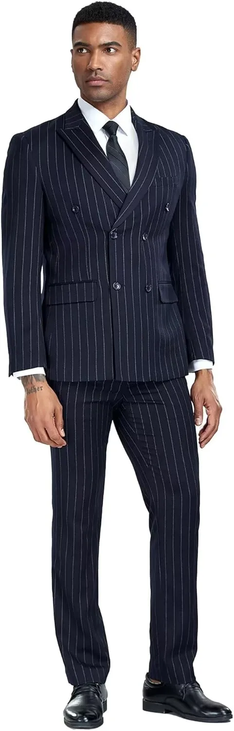 Mens Pinstripe Suit 2 Piece Double Breasted Suit Slim Fit Suits Wedingg Prom Party Suit Set Casual Business Suit