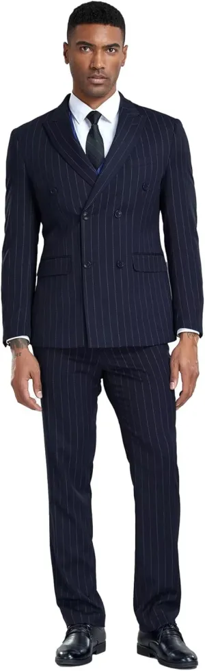 Mens Pinstripe Suit 2 Piece Double Breasted Suit Slim Fit Suits Wedingg Prom Party Suit Set Casual Business Suit