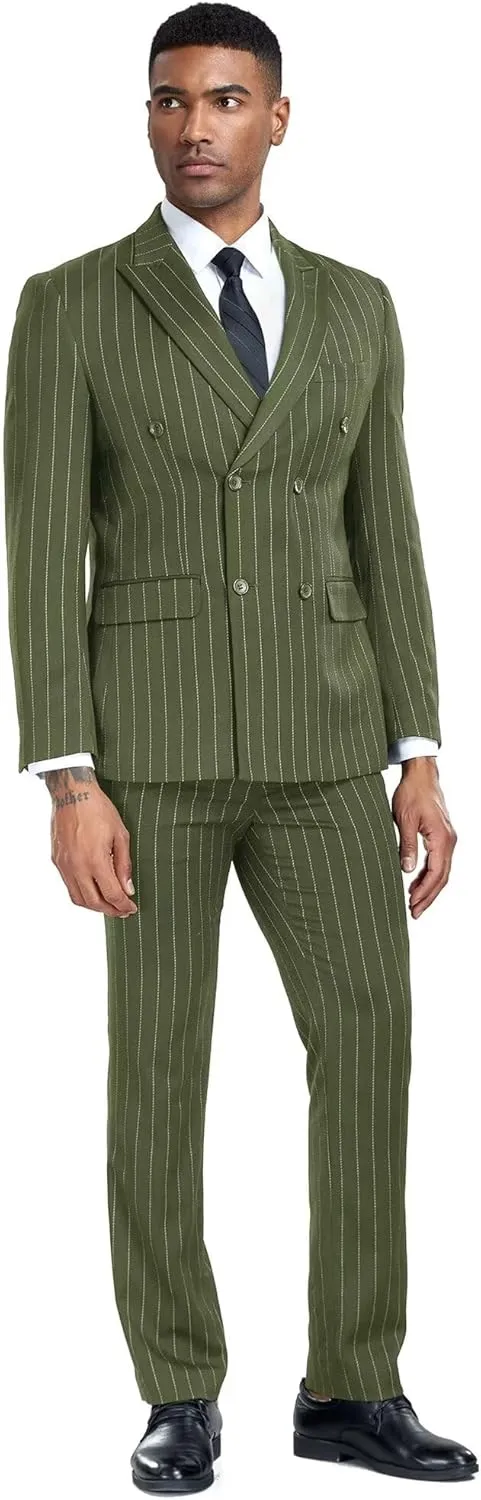 Mens Pinstripe Suit 2 Piece Double Breasted Suit Slim Fit Suits Wedingg Prom Party Suit Set Casual Business Suit