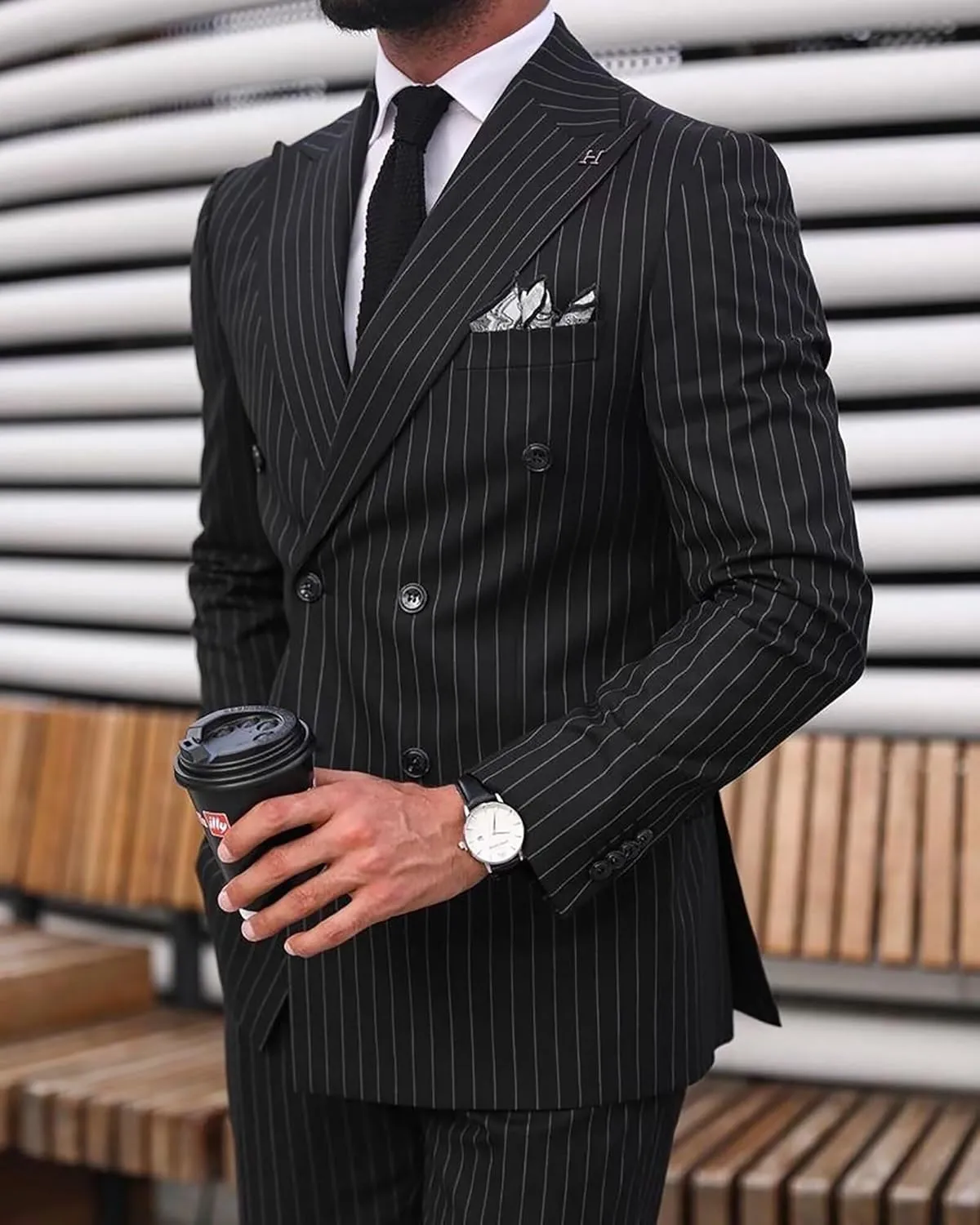 Mens Pinstripe Suit 2 Piece Double Breasted Suit Slim Fit Suits Wedingg Prom Party Suit Set Casual Business Suit