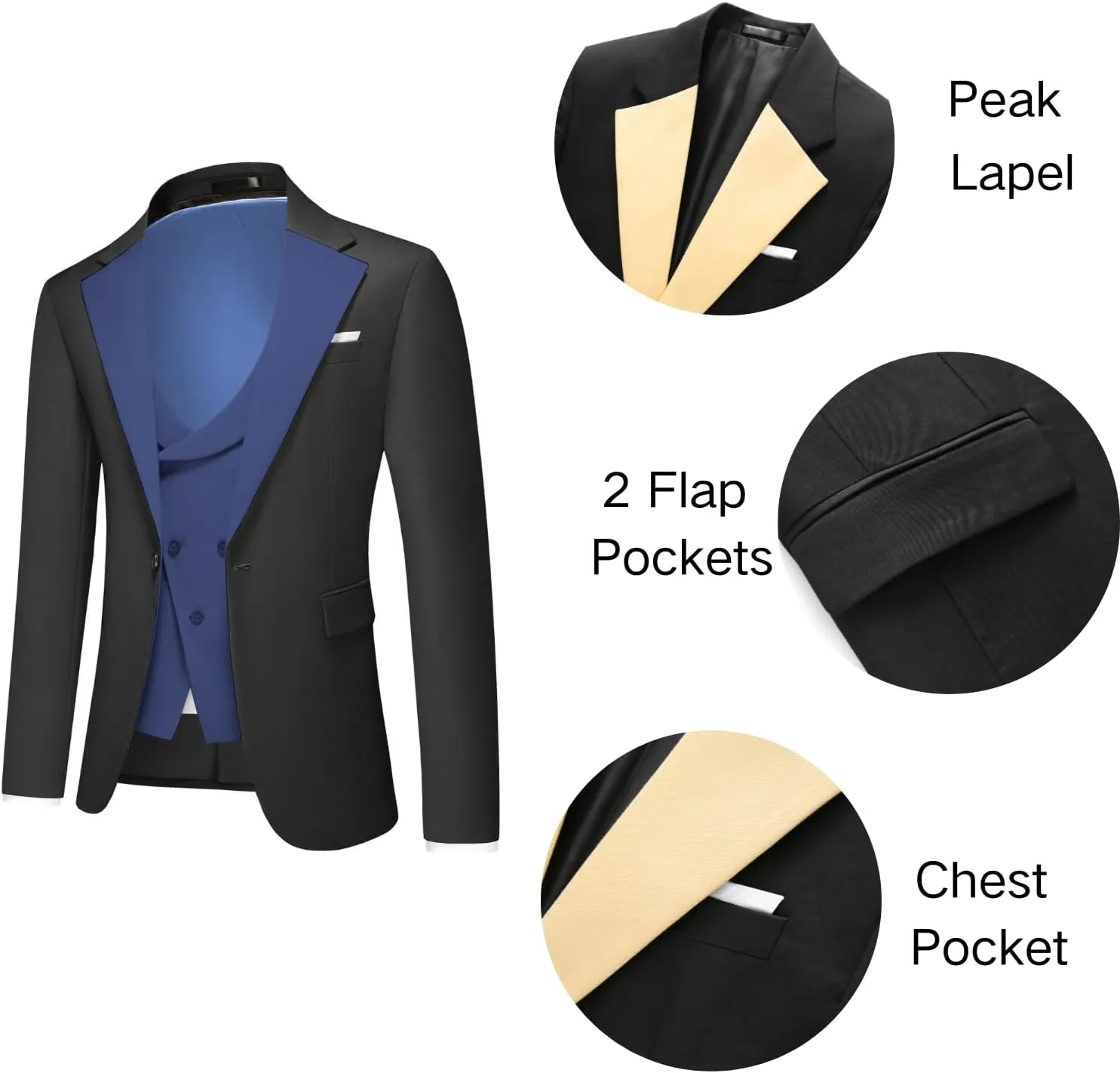 Men's Slim Fit 3-Piece Suit - One Button Wedding Prom Tuxedo, Includes Blazer, Vest, and Pants