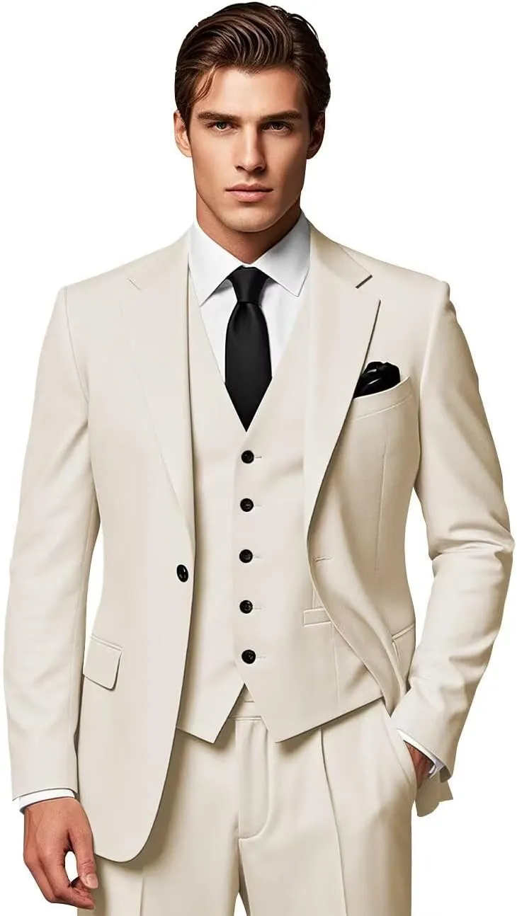 Men's Slim Fit Suits 3 Piece Wedding Business Prom Party Suit One Button Blazer Vest and Pants Tuxedo Set