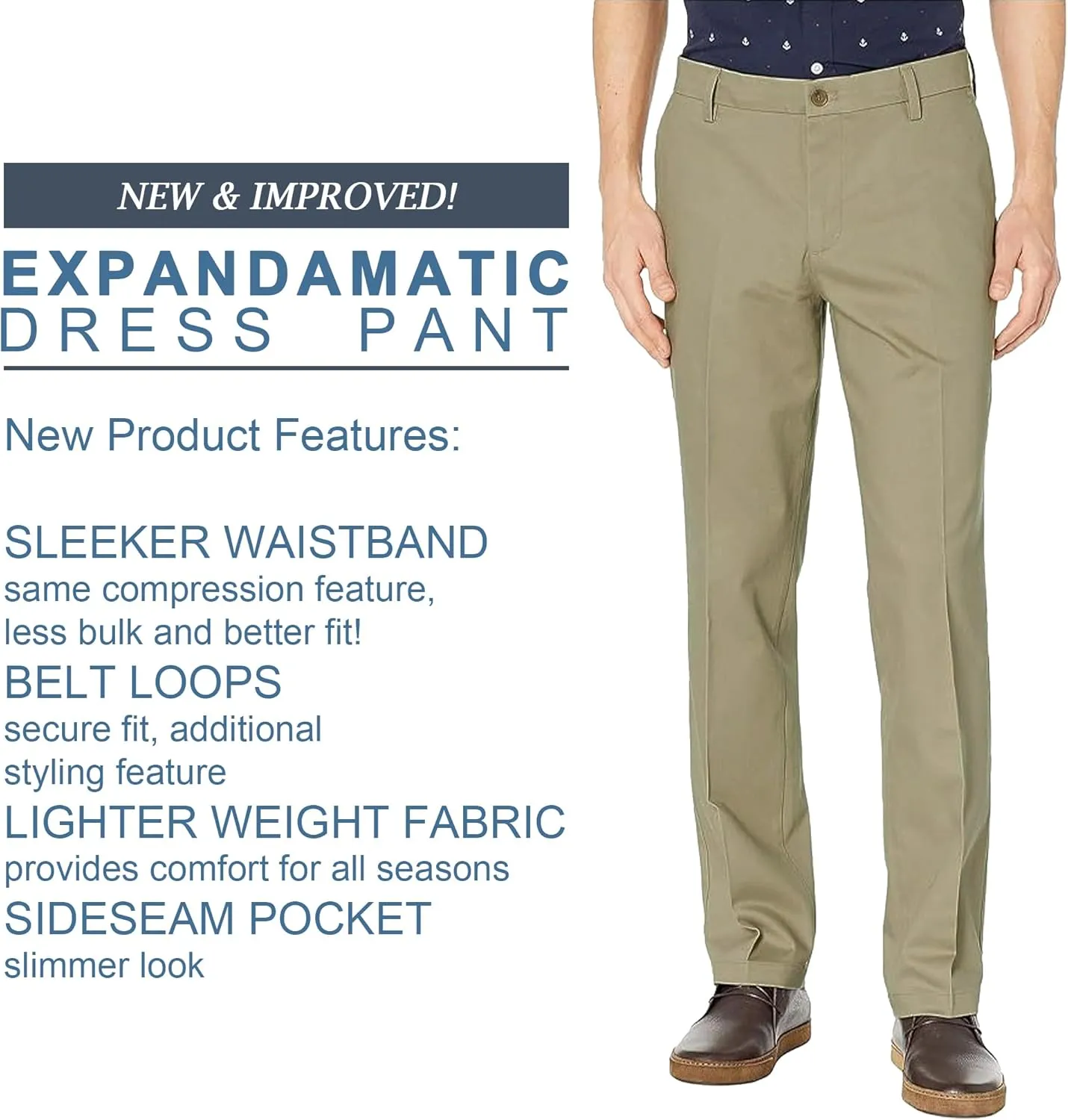 Mens Straight Fit Casual Pants with Expandable Waist Flat Front Chino Pants