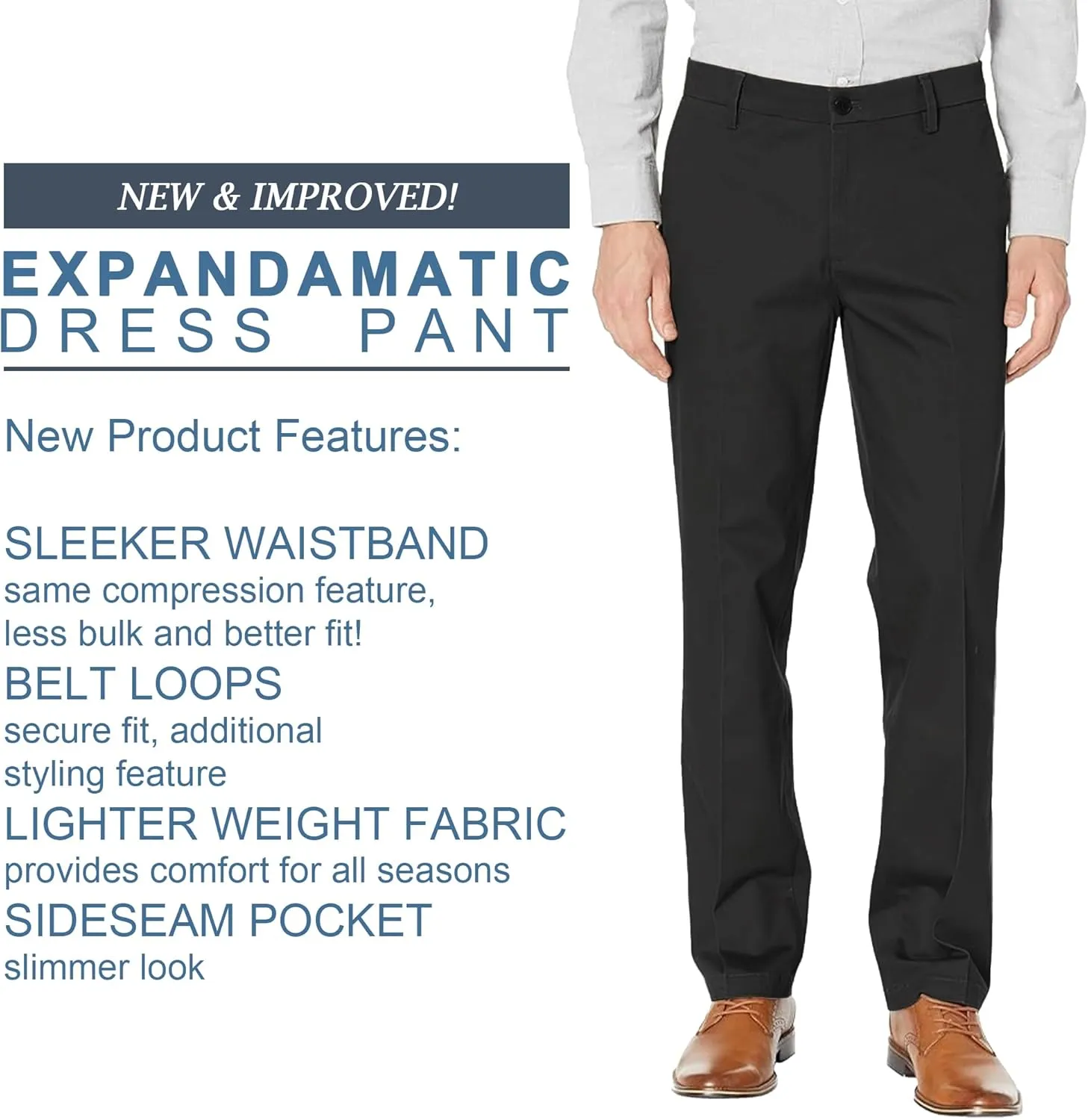 Mens Straight Fit Casual Pants with Expandable Waist Flat Front Chino Pants
