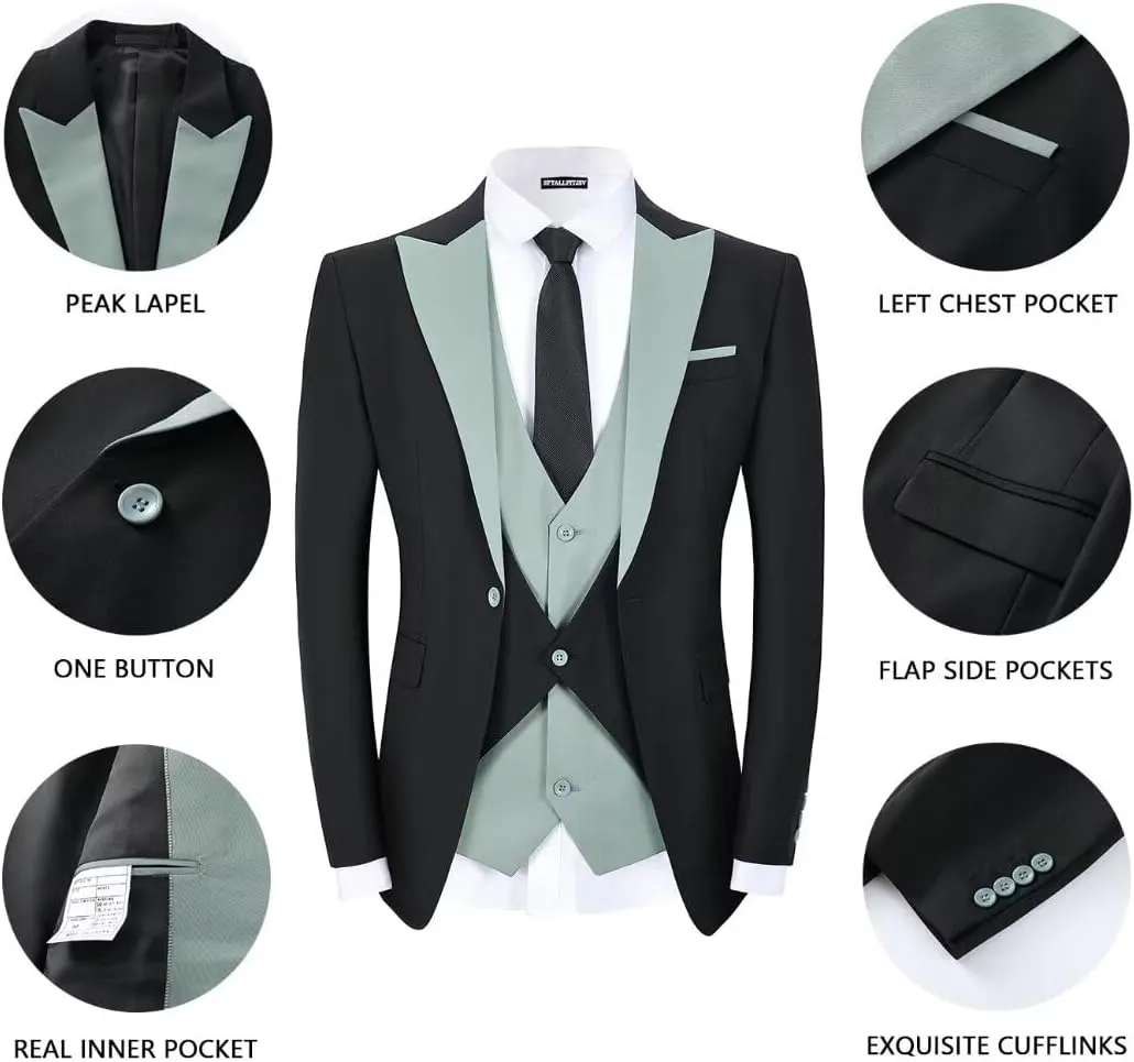 Men's Tuxedo 3 Piece Slim Fit Suits Blazer Jacket Layered Waistcoat and Pants Suit Set for Dinner Prom Wedding