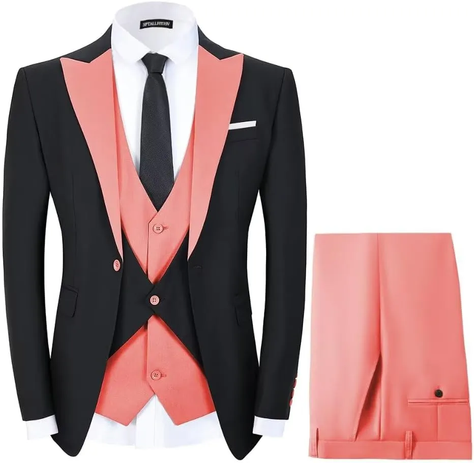 Men's Tuxedo 3 Piece Slim Fit Suits Blazer Jacket Layered Waistcoat and Pants Suit Set for Dinner Prom Wedding