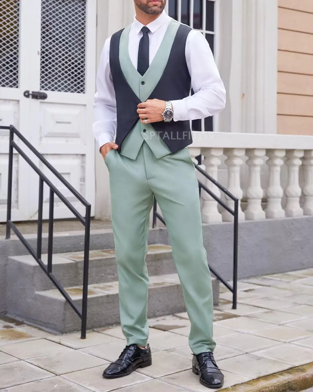 Men's Tuxedo 3 Piece Slim Fit Suits Blazer Jacket Layered Waistcoat and Pants Suit Set for Dinner Prom Wedding