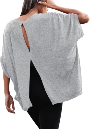MIHOLL Women's Short Sleeve T Shirts Open Back 2025 Summer Crew Neck Tops Oversized Workout Shirt