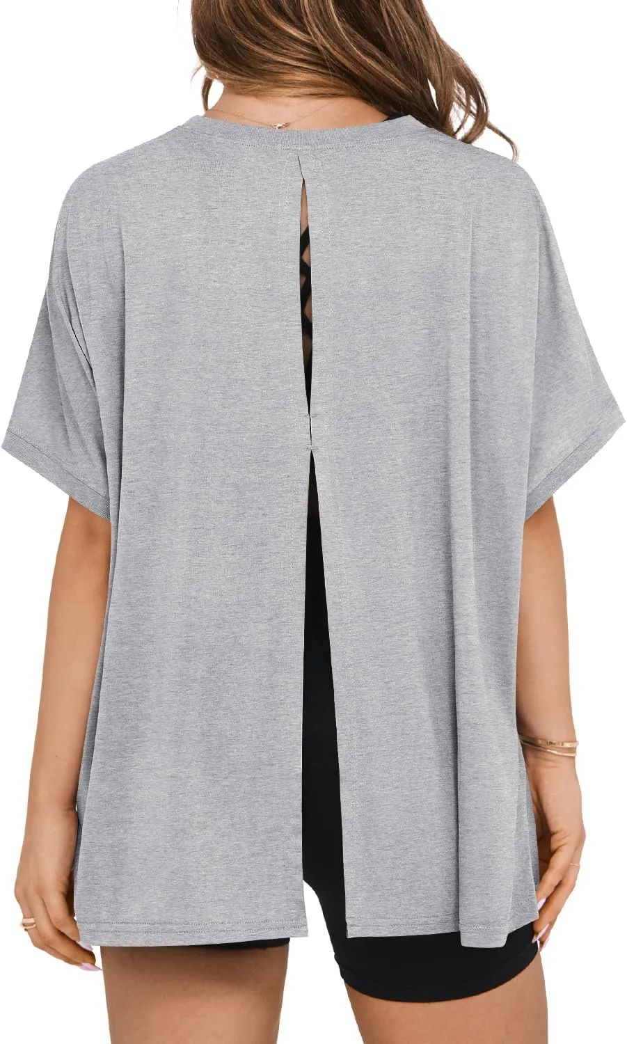 MIHOLL Women's Short Sleeve T Shirts Open Back 2025 Summer Crew Neck Tops Oversized Workout Shirt