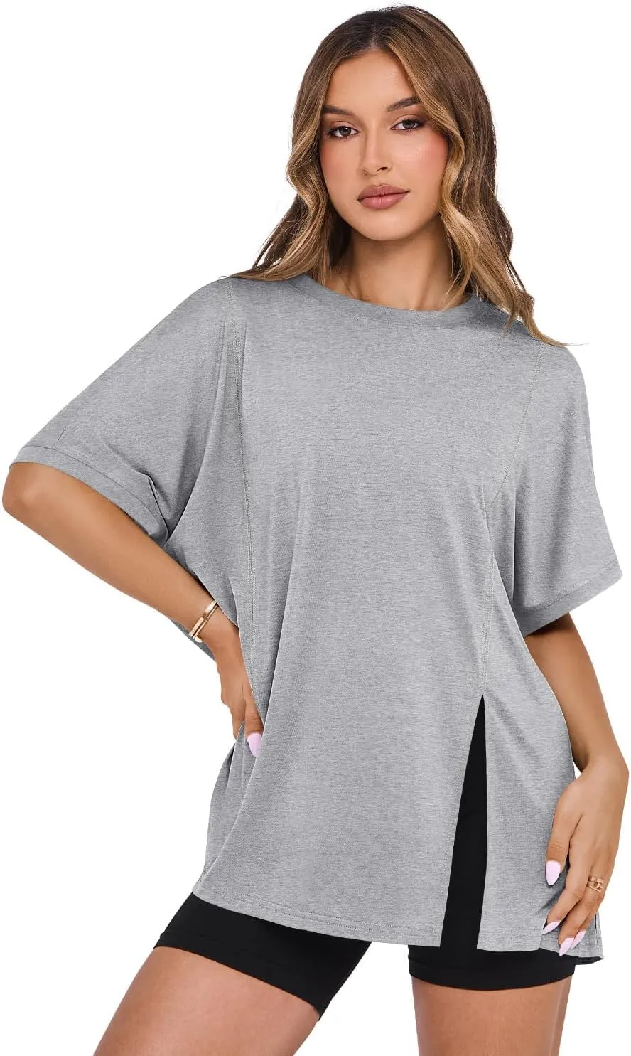 MIHOLL Women's Short Sleeve T Shirts Open Back 2025 Summer Crew Neck Tops Oversized Workout Shirt