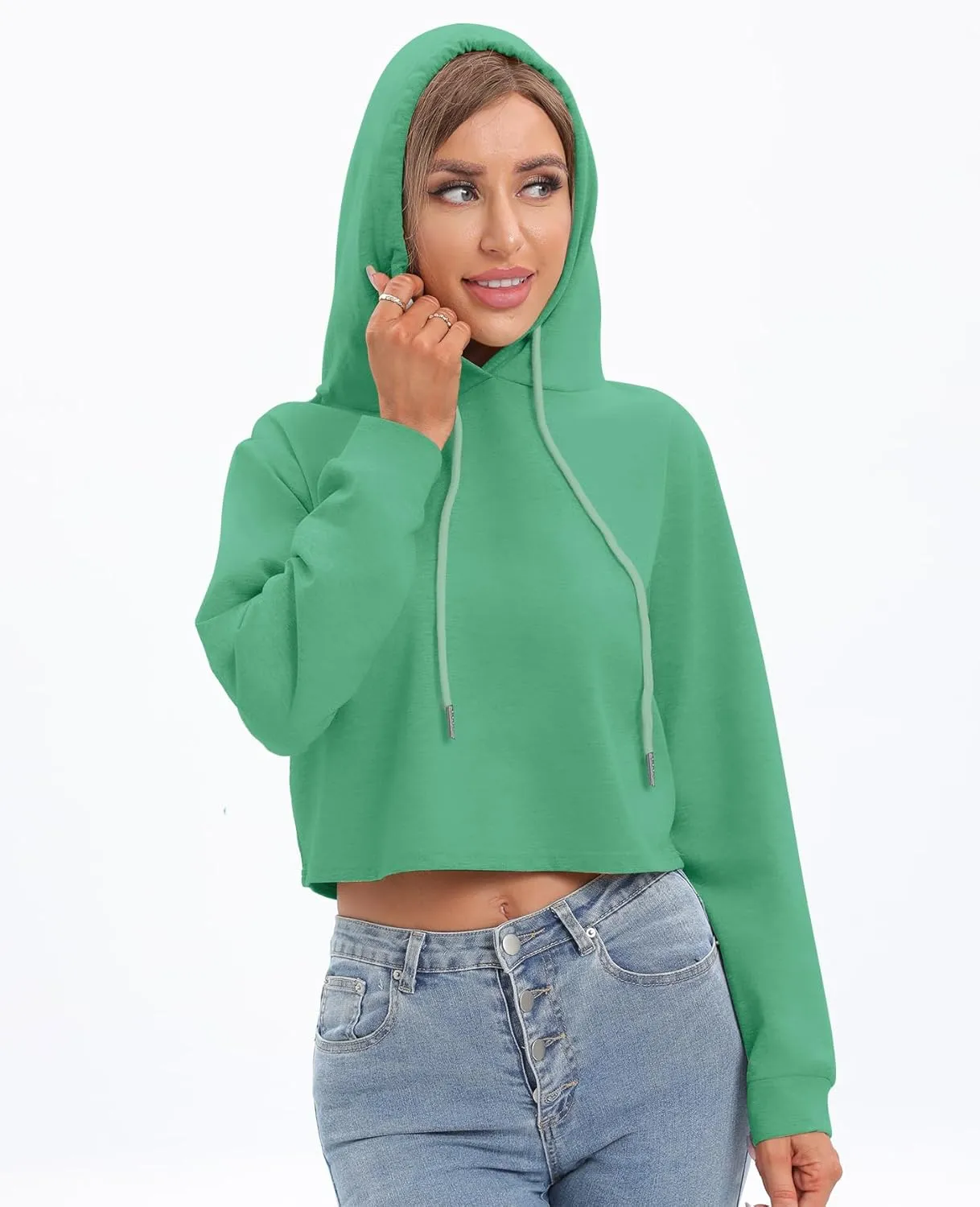 milanpavilion Women's Drawstring Cropped Hoodie Casual Plain Hoodies for Women Workout Crop Tops Sweatshirt Long Sleeve