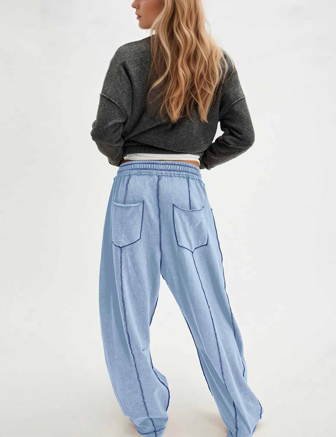 MISSACTIVER Contrast Patchwork Wide Leg Pants Women Summer Drawstring Elastic Waist Baggy Sweatpants Lounge Pants Pockets
