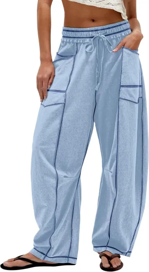 MISSACTIVER Contrast Patchwork Wide Leg Pants Women Summer Drawstring Elastic Waist Baggy Sweatpants Lounge Pants Pockets