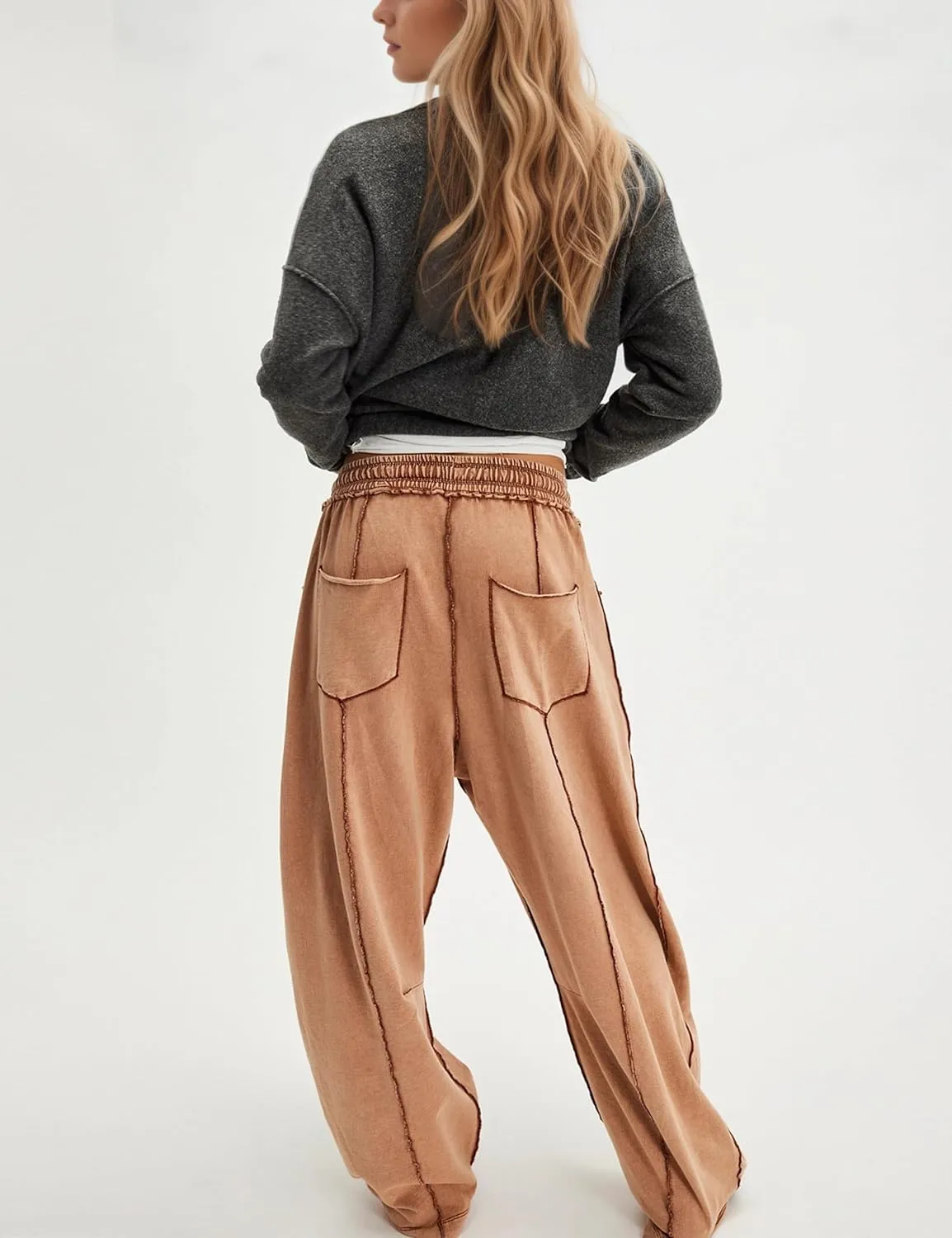 MISSACTIVER Contrast Patchwork Wide Leg Pants Women Summer Drawstring Elastic Waist Baggy Sweatpants Lounge Pants Pockets