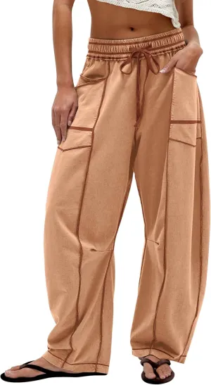 MISSACTIVER Contrast Patchwork Wide Leg Pants Women Summer Drawstring Elastic Waist Baggy Sweatpants Lounge Pants Pockets