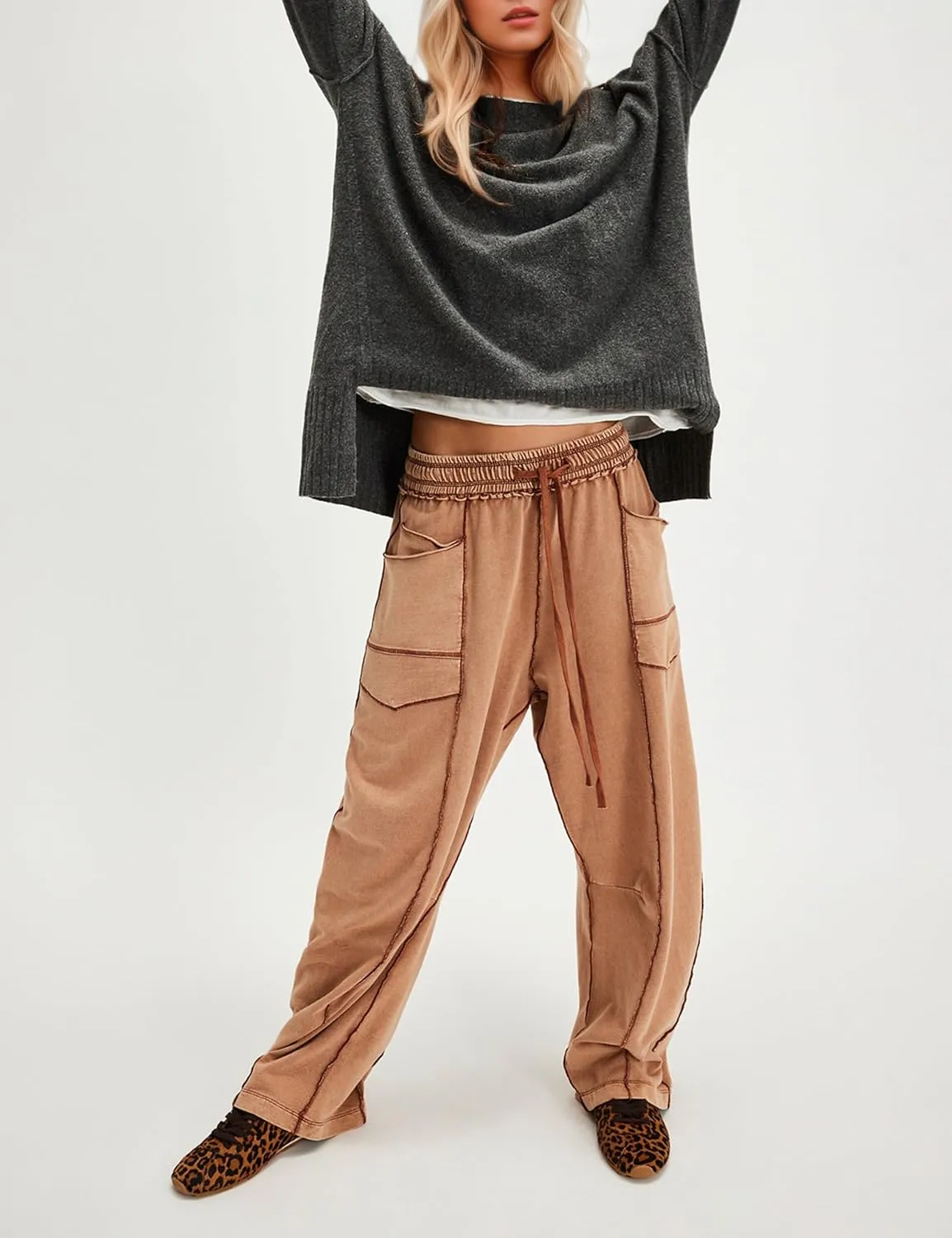 MISSACTIVER Contrast Patchwork Wide Leg Pants Women Summer Drawstring Elastic Waist Baggy Sweatpants Lounge Pants Pockets