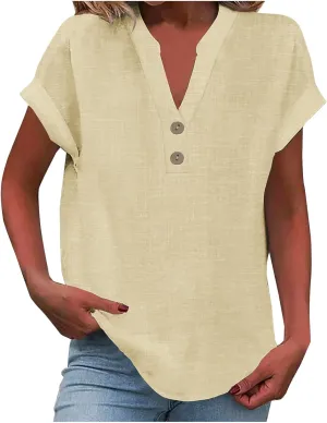 NaRHbrg Women's V-Neck Button Down Linen Shirt Short Sleeve Casual Tunic Top Solid Color Comfy Tshirts Summer Tees Shirts