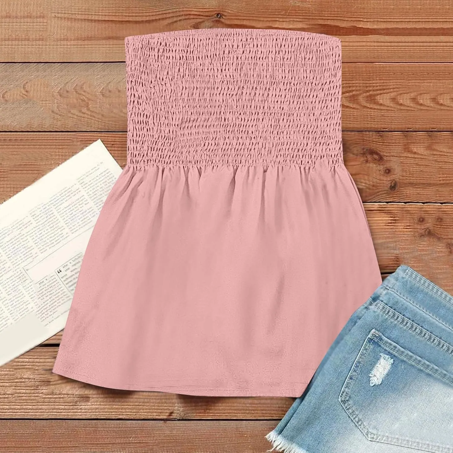 NBXNZWF Womens Tube Tops Off The Shoulder Smocked Strapless Sexy Tanks Summer Casual Bandeau Sleeveless Backless Shirts