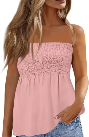 NBXNZWF Womens Tube Tops Off The Shoulder Smocked Strapless Sexy Tanks Summer Casual Bandeau Sleeveless Backless Shirts