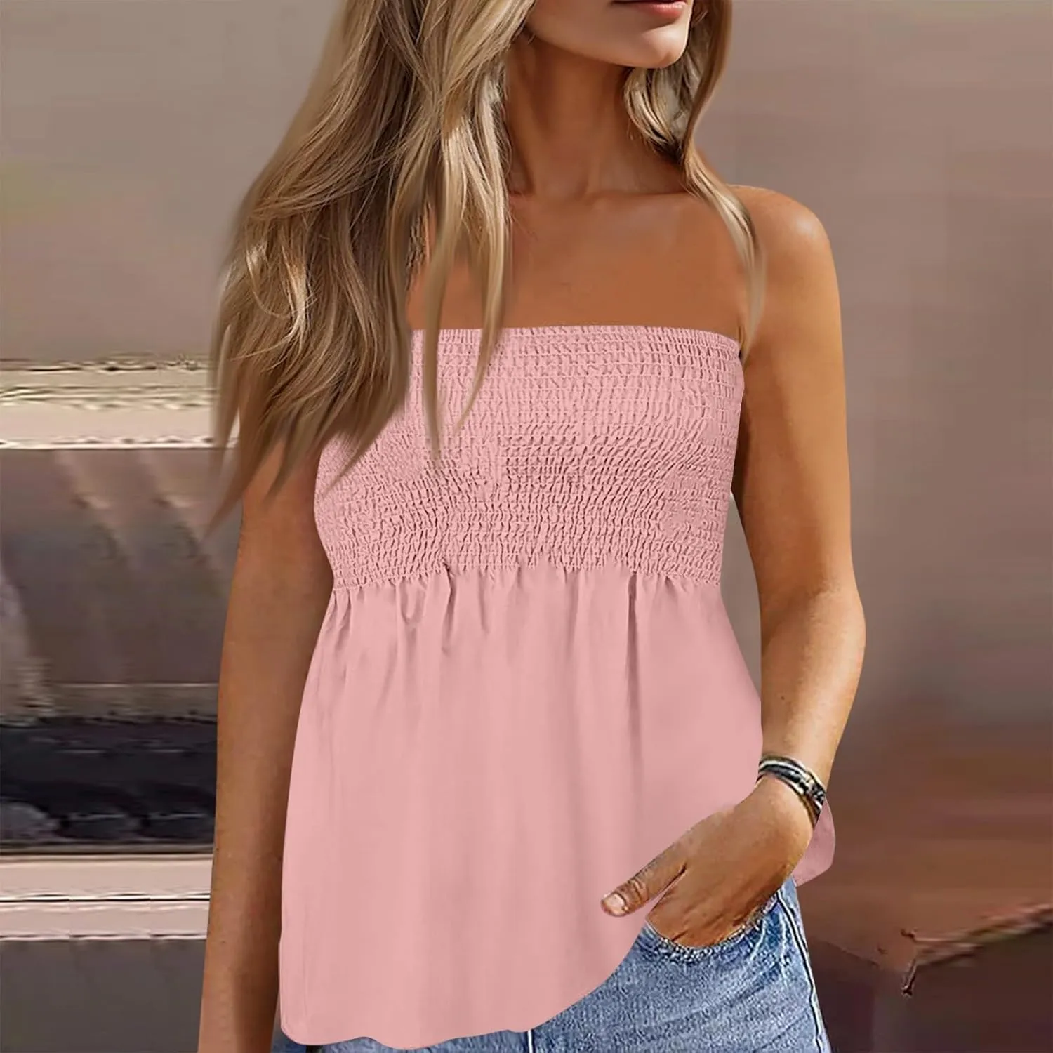 NBXNZWF Womens Tube Tops Off The Shoulder Smocked Strapless Sexy Tanks Summer Casual Bandeau Sleeveless Backless Shirts