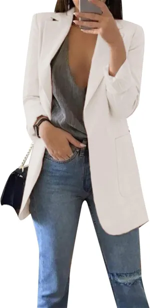OMZIN Women's Lapel Pockets Long Sleeve Blazer Open Front Coat Jacket