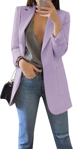 OMZIN Women's Lapel Pockets Long Sleeve Blazer Open Front Coat Jacket