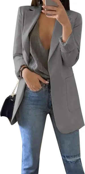 OMZIN Women's Lapel Pockets Long Sleeve Blazer Open Front Coat Jacket