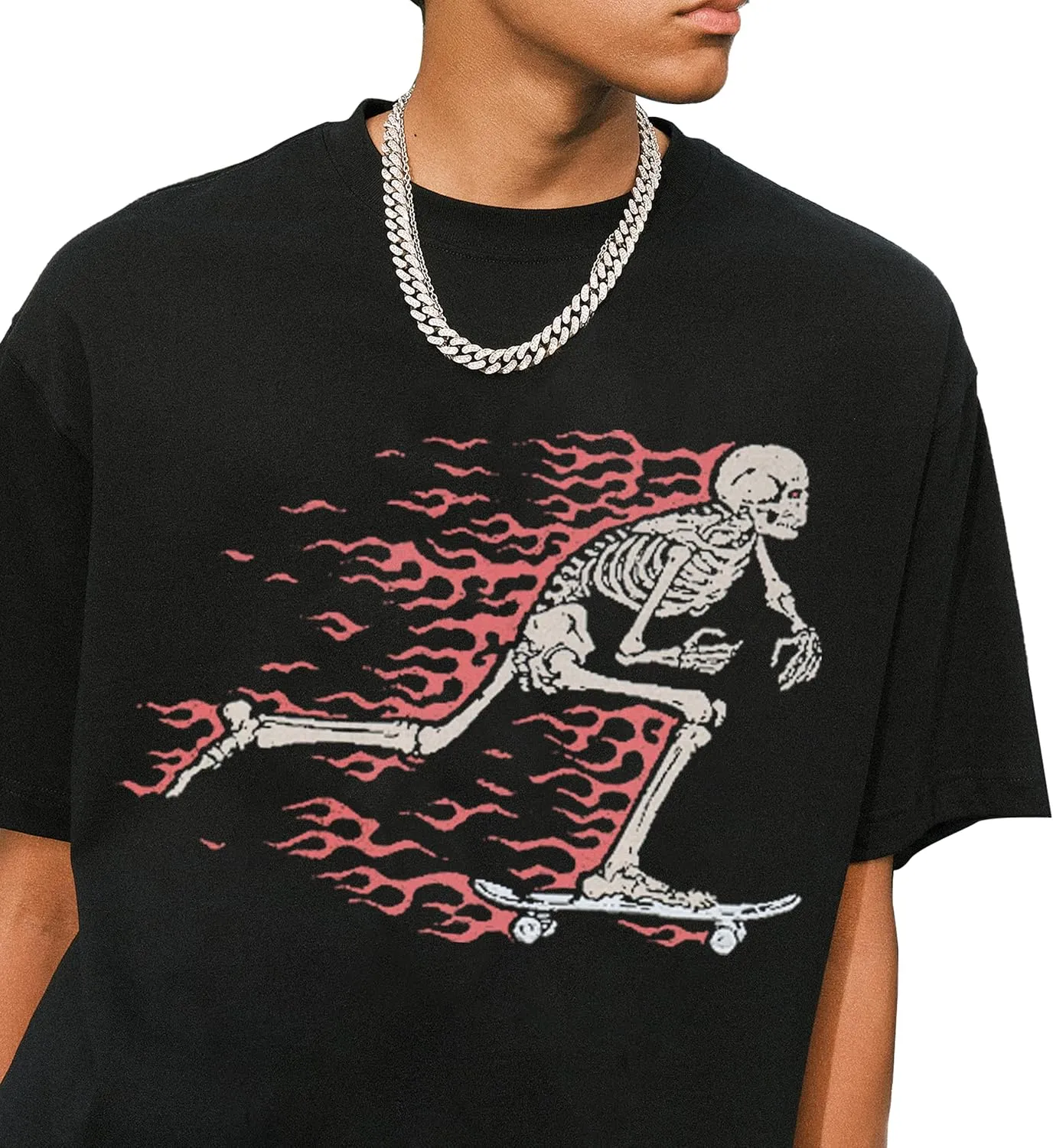 Oversized Tshirts Y2K Graphic Tees: Flame Skull Print Crew Neck Heavyweight Shirts Streetwear Funny Tops for Unisex