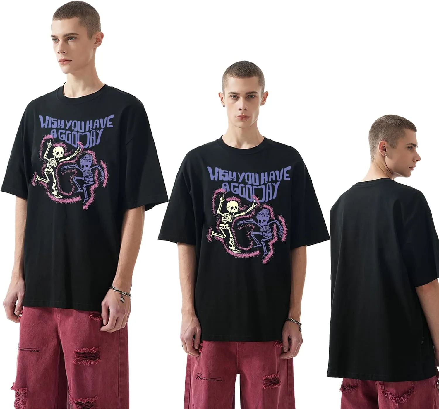 Oversized Tshirts Y2K Graphic Tees: Flame Skull Print Crew Neck Heavyweight Shirts Streetwear Funny Tops for Unisex