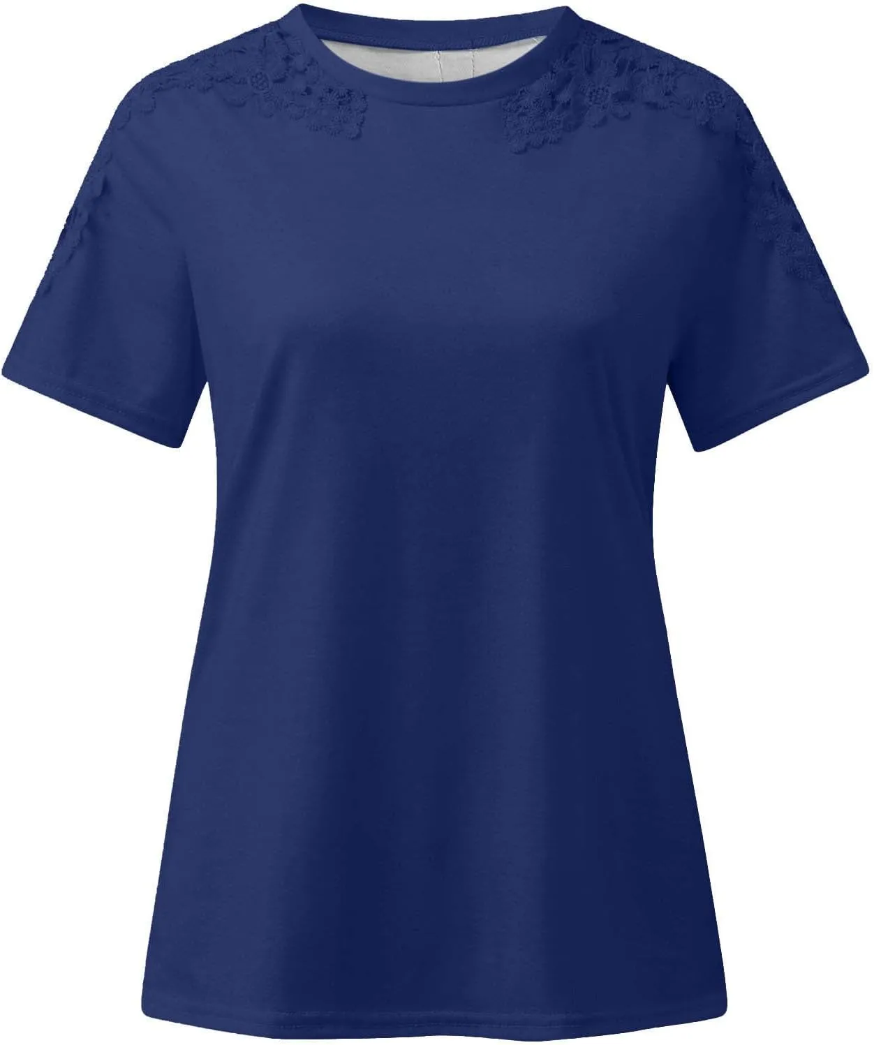 Plain T Shirts for Women 2023 Dressy Casual Short Sleeve Lace Blouse Sexy Crew Neck Solid Summer Top Classic Work Tee