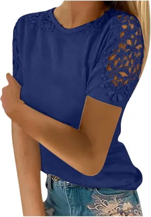 Plain T Shirts for Women 2023 Dressy Casual Short Sleeve Lace Blouse Sexy Crew Neck Solid Summer Top Classic Work Tee
