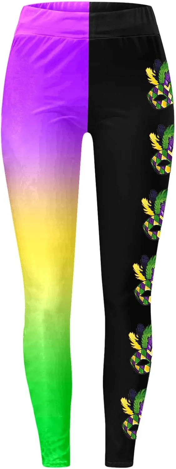 sdbrld Mardi Gras Leggings for Women,Women's Mardi Gras Printed Leggings High Waist Stretch Yoga Pants Holiday Party Trousers