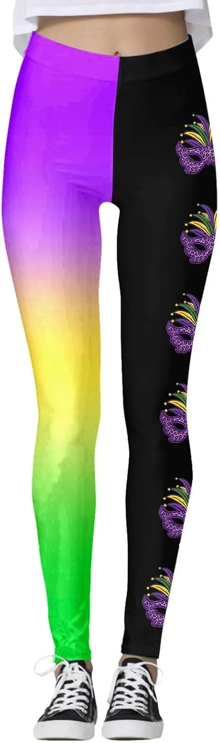 sdbrld Mardi Gras Leggings for Women,Women's Mardi Gras Printed Leggings High Waist Stretch Yoga Pants Holiday Party Trousers